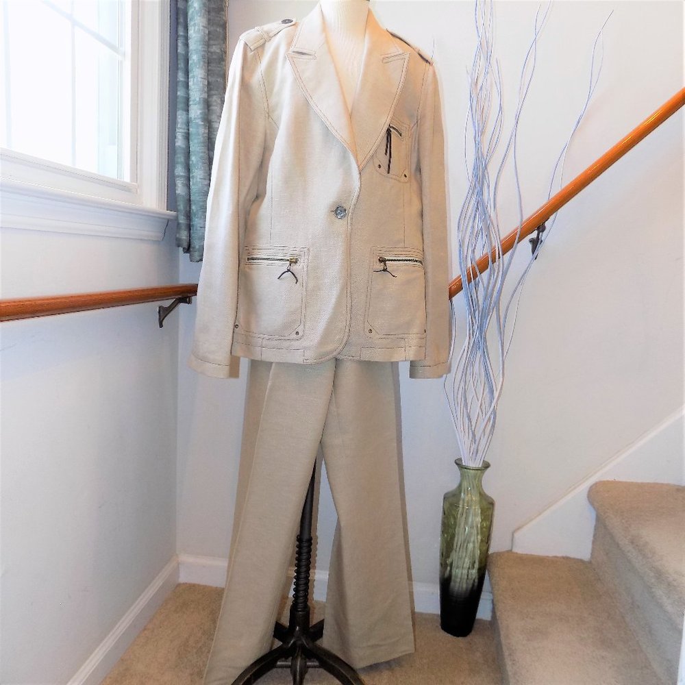 KASPER "Safari" Pant Suit Beige Linen & Cotton Blend Plus Size 14P
